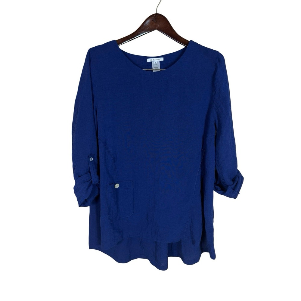 John Mark Navy Roll Sleeve Bohemian Tunic Navy‎ Rayon Linen Blend Size Large